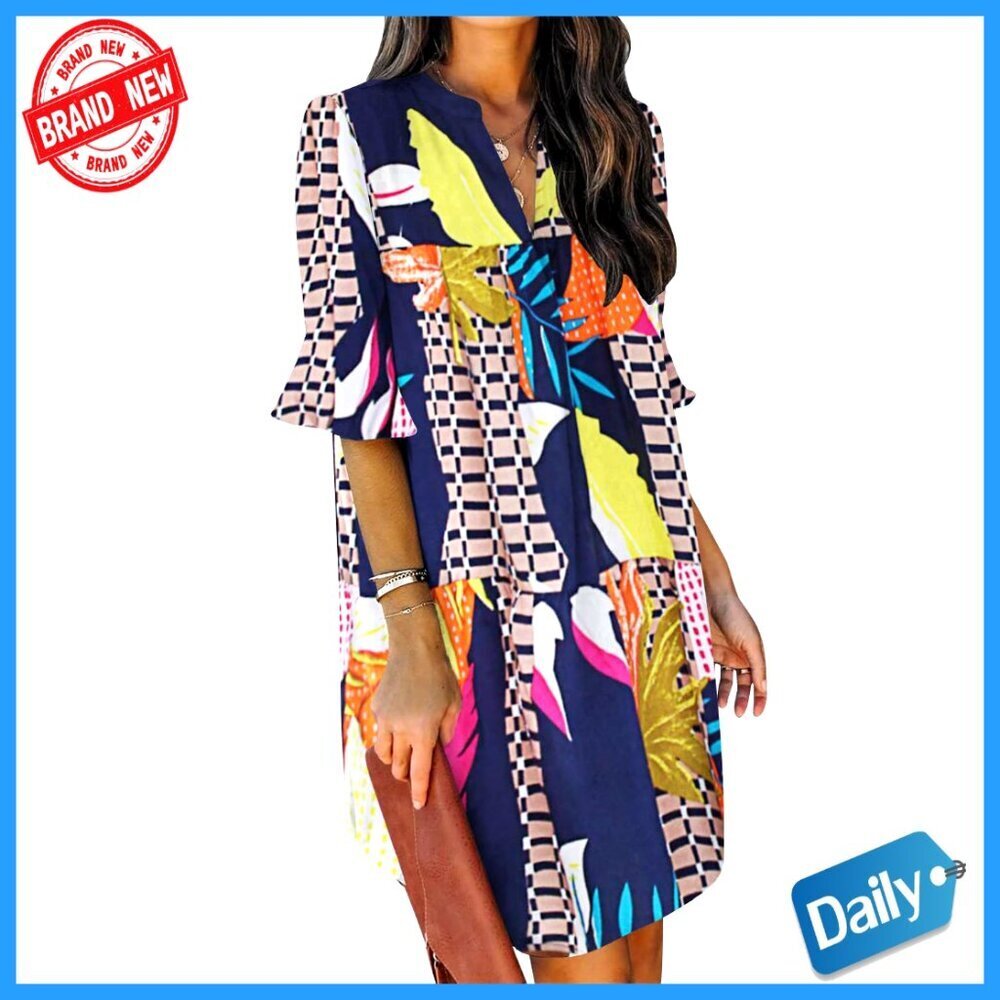 Polyester Shift Dress V-Neck Ruffle Short Sleeve Casual Summer Wear